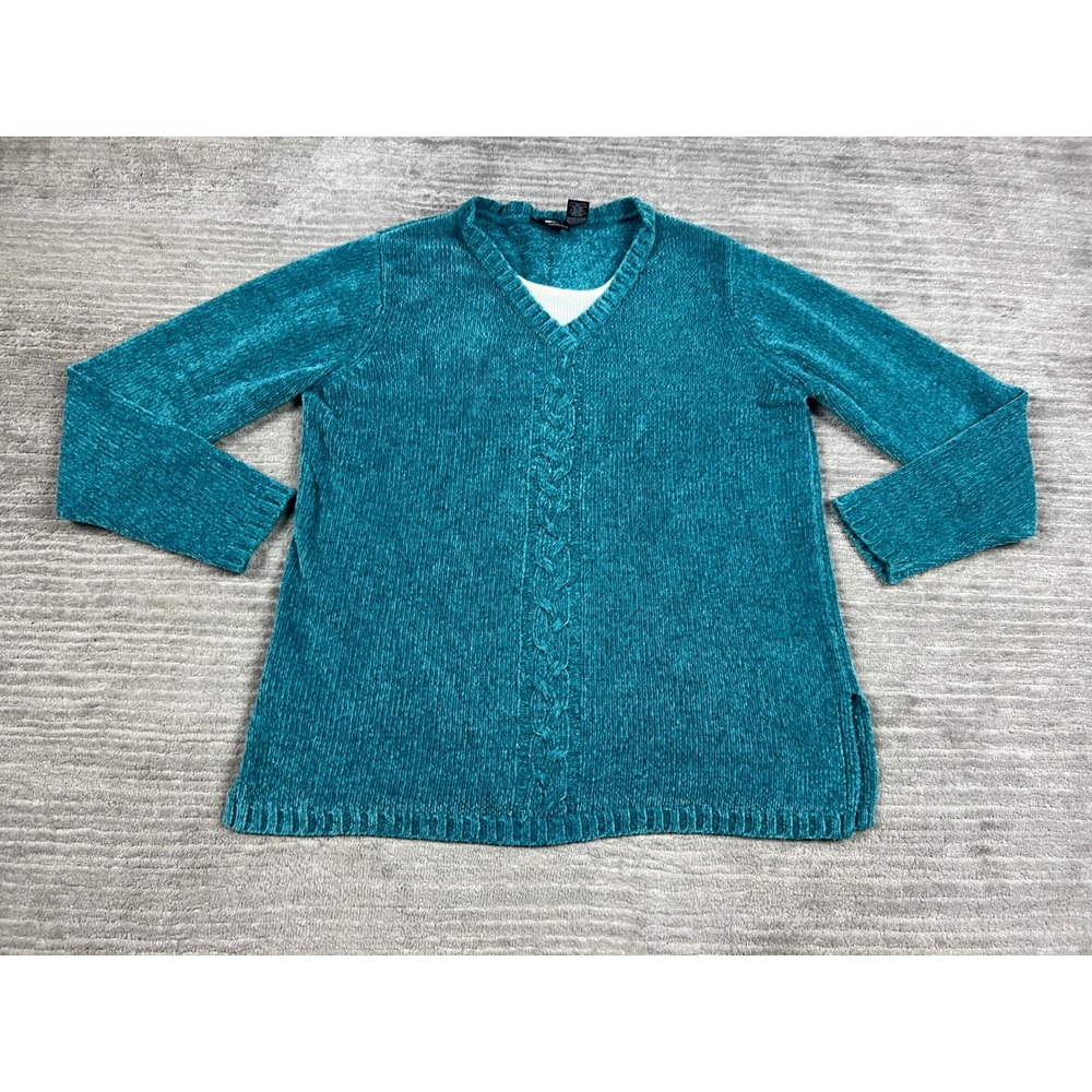 Bobbie Brooks Sweater Women M Teal Blue Chenille Cable Knit V-Neck Pullover Slit